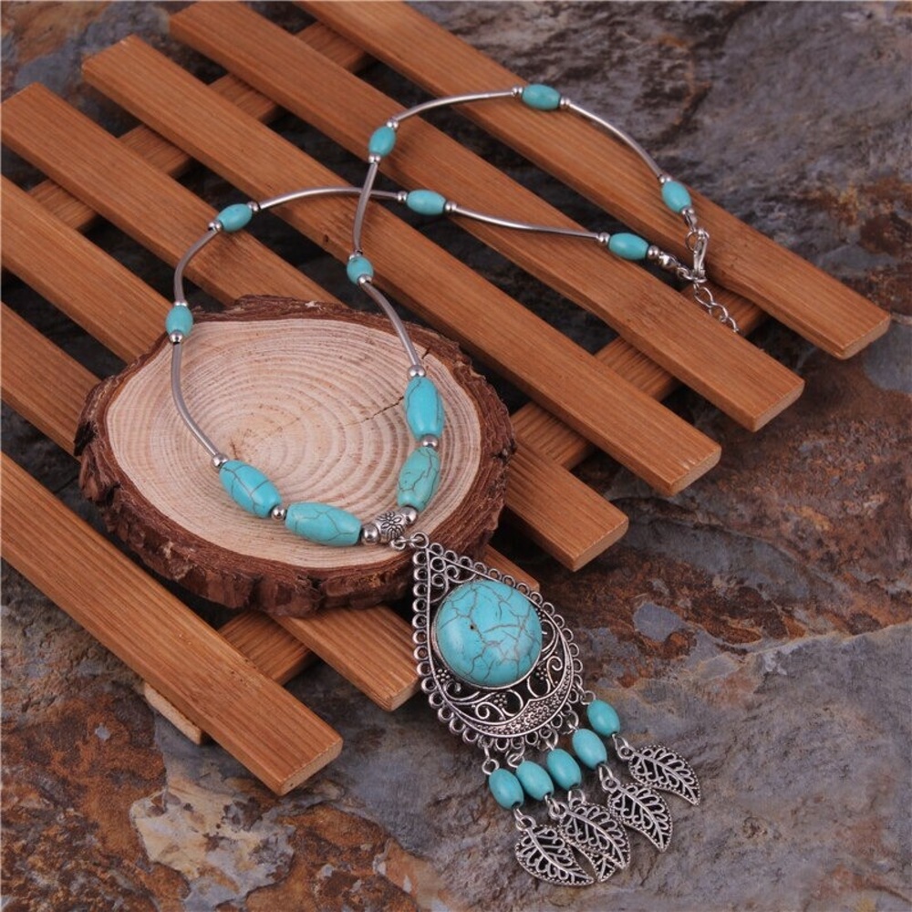 Bohemian Turquoise Teardrop Pendant Necklace - Fashion Jewelry